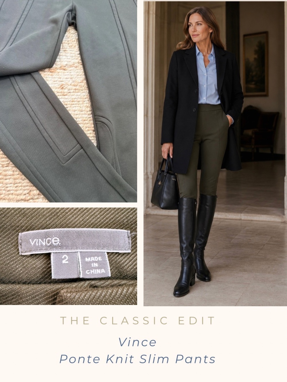 Vince Structured Ponte Legging Pants | Seamed Detail | Espresso Olive